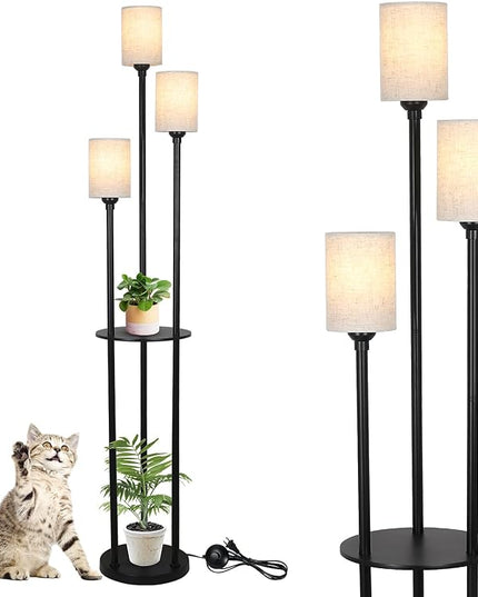 Floor Lamp with Shelves, Modern Floor Lamps for Living Room, 3-Lights Standing Lamp with Linen Shade and Foot Switch, Industrial Standing Lamps for Bedroom, Black Tall Table Lamp for Office - LeafyLoom