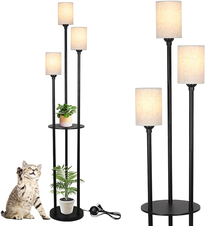 Floor Lamp with Shelves, Modern Floor Lamps for Living Room, 3-Lights Standing Lamp with Linen Shade and Foot Switch, Industrial Standing Lamps for Bedroom, Black Tall Table Lamp for Office - LeafyLoom