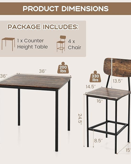 GOFLAME 5-Piece Dining Table Set for Small Space, Kitchen Table and Chairs Set for 4 with Steel Frame, Square Breakfast Table Set, Industrial Counter Height Table Set for Home Restaurant, Rustic Brown - LeafyLoom