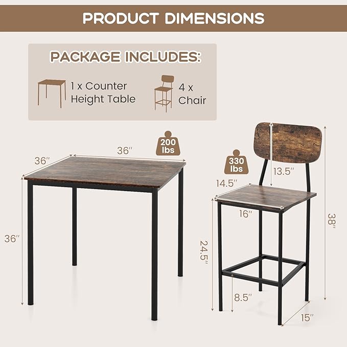 GOFLAME 5-Piece Dining Table Set for Small Space, Kitchen Table and Chairs Set for 4 with Steel Frame, Square Breakfast Table Set, Industrial Counter Height Table Set for Home Restaurant, Rustic Brown - LeafyLoom