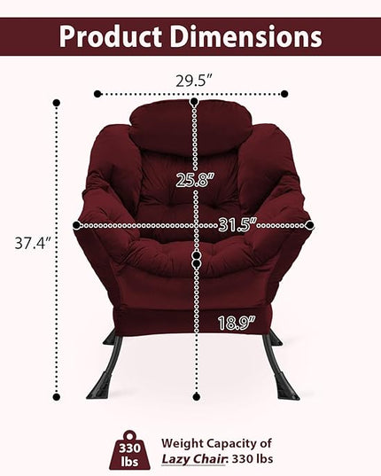 Lazy Chair Thick Padded, Accent Chair Velvet Upholstered with Wide Seat, Stable Metal Frame and Non-Slip Pad, Modern Sofa Armchair with Side Storage Bag for Dorm, Room, Office, Burgundy - LeafyLoom