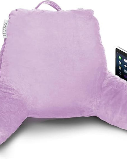 Nestl Reading Pillow with Portable Laptop Lap Desk, Velvet Feel Back Pillow for Sitting in Bed, Shredded Memory Foam Back Support Pillow for Bed, Bed Rest Pillow with Arms, Small - Lavender - LeafyLoom