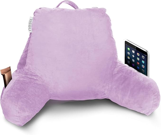 Nestl Reading Pillow with Portable Laptop Lap Desk, Velvet Feel Back Pillow for Sitting in Bed, Shredded Memory Foam Back Support Pillow for Bed, Bed Rest Pillow with Arms, Small - Lavender - LeafyLoom