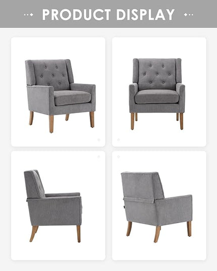 COLAMY Mid-Century Accent Chairs, Modern Wingback Living Room Chair, Upholstered Armchair with Button Tufted Back and Wood Legs for Bedroom/Office/Reading Spaces, Grey - LeafyLoom