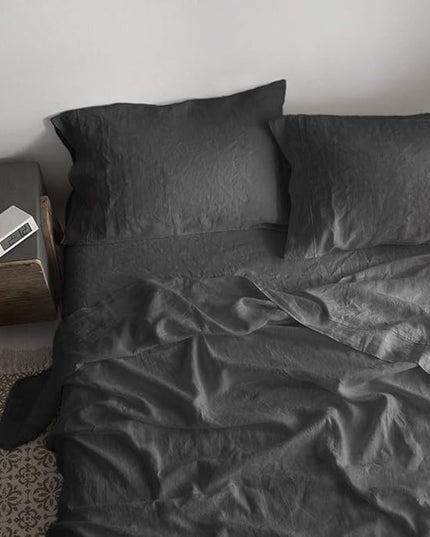 Simple&Opulence 100% Washed Linen Sheet Set-King Size-Natural France Flax Bed Sheet-4 Pcs Breathable,Ultra Soft,Farmhouse Bedding (1 Flat Sheet,1 Fitted Sheet,2 Pillowcases)-Embroidery Dark Grey - LeafyLoom