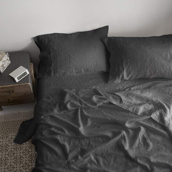 Simple&Opulence 100% Washed Linen Sheet Set-King Size-Natural France Flax Bed Sheet-4 Pcs Breathable,Ultra Soft,Farmhouse Bedding (1 Flat Sheet,1 Fitted Sheet,2 Pillowcases)-Embroidery Dark Grey - LeafyLoom