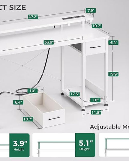 AODK Gaming Desk with LED Lights & Power Outlet, 48 Inch Computer Desk with Drawer, Reversible Desk with Adjustable Monitor Shelf & Headphone Hook for Home Office, White - LeafyLoom