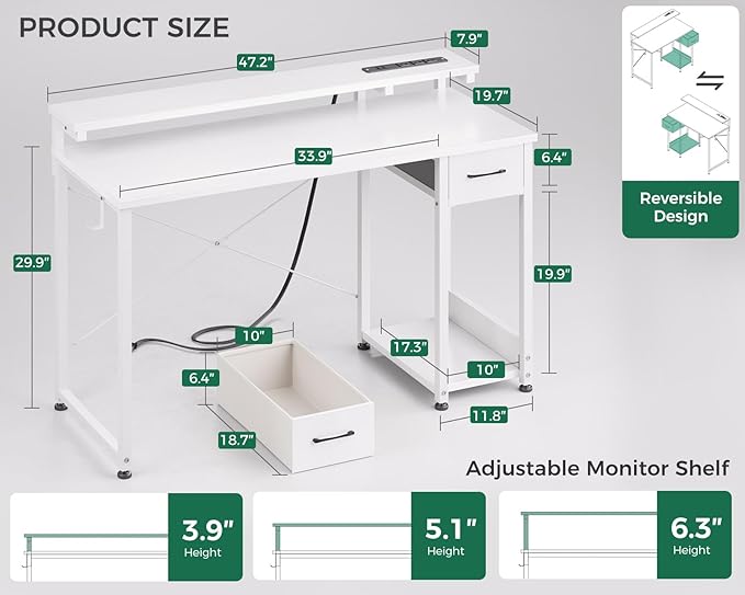 AODK Gaming Desk with LED Lights & Power Outlet, 48 Inch Computer Desk with Drawer, Reversible Desk with Adjustable Monitor Shelf & Headphone Hook for Home Office, White - LeafyLoom