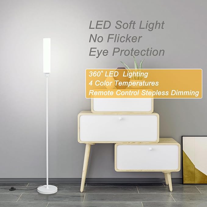 Floor Lamp with Remote Control,Bright Floor Lamps for Living Room/Bedroom/Office, Stepless Adjustable 3000K-6000K Colors and 10-100% Brightness,Standing Light with Foot Switch (White) - LeafyLoom