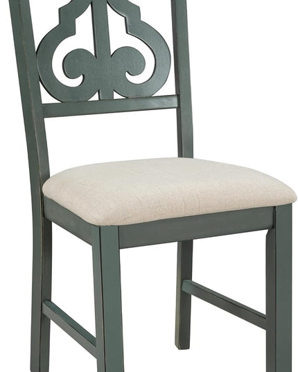 RITSU 5-Piece Retro-style Round 4 Fabric Chairs with Special-shaped Table Legs and Storage Shelf, for Dining, Living Room, Kitchen, Antique Blue/Dark Brown - LeafyLoom
