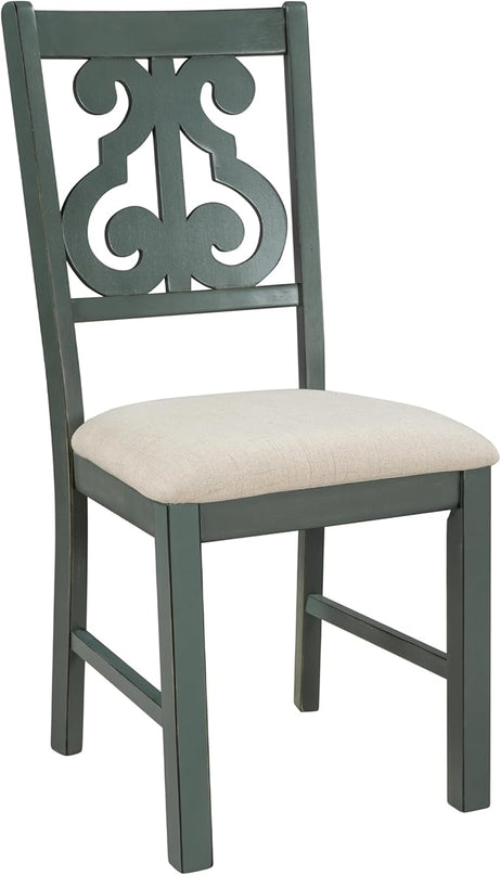 RITSU 5-Piece Retro-style Round 4 Fabric Chairs with Special-shaped Table Legs and Storage Shelf, for Dining, Living Room, Kitchen, Antique Blue/Dark Brown - LeafyLoom