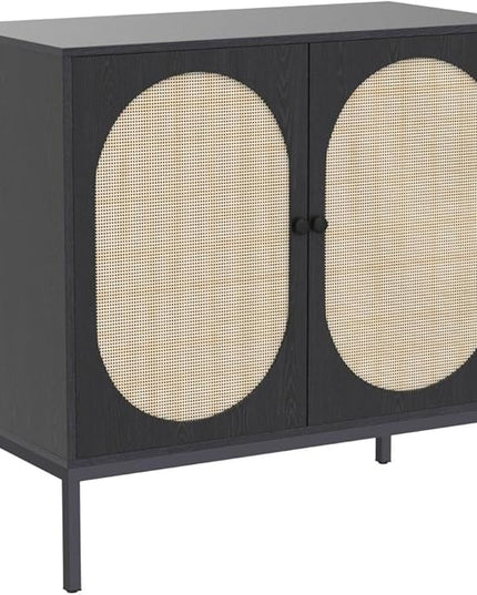 XIAO WEI Buffet Sideboard with Handmade Natural Rattan Woven Doors, Buffet Cabinet Accent Cabinet Rattan Cabinet, Sideboard Cabinet, for Kitchen Living Room Living Room Entryway, Black,Oval Doors - LeafyLoom