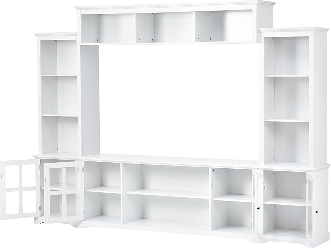 Entertainment Wall Unit with Bridge, Stand Media Console Table for TVs Up to 70" with Tempered Glass Door, Ample Storage Space for Living Room, 104 Inch, White - LeafyLoom