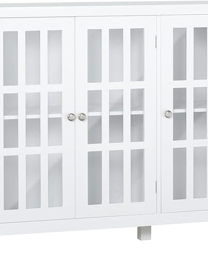 HOMCOM Sideboard, Buffet Cabinet with 3 Tempered Glass Doors, Stripe Pattern and Adjustable Storage Shelf, Credenza, White - LeafyLoom