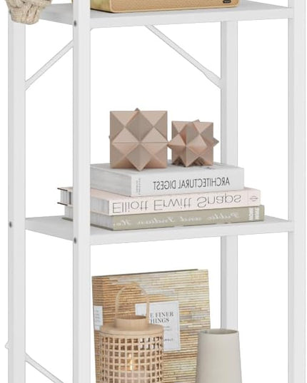 Bookshelf, Book Shelf, Industrial Bookcase with 2 Hooks, Coner Shelf Storage Organizer for Home Office, Living Room, Bedroom, Kitchen, 5-Tier White BC10513W - LeafyLoom