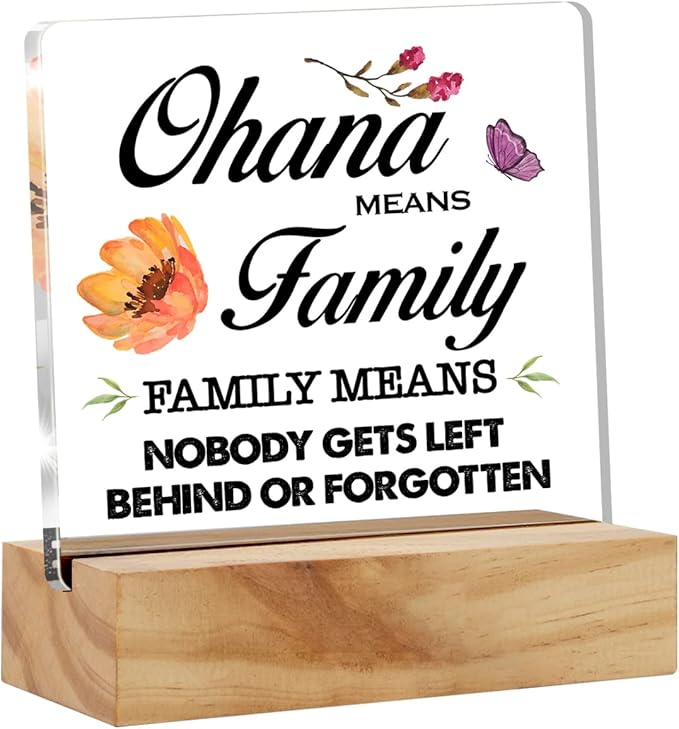 Family Quote Ohana Means Family Desk Decor Acrylic Desk Sign Acrylic Plaque Home Office Living Room Desk Shelf Decoration Gift 4.7"x4.7" - LeafyLoom