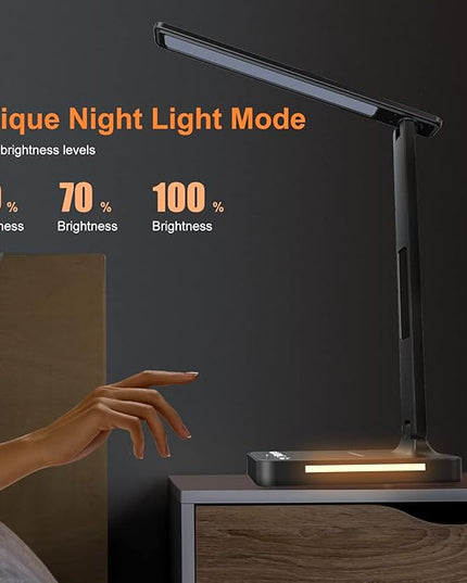 poukaran Desk Lamp, LED Desk Lamp with Wireless Charger, USB Charging Port, Table Lamp with Night Light, Desk Lights with Clock, Alarm, Date and Temperature, Black - LeafyLoom
