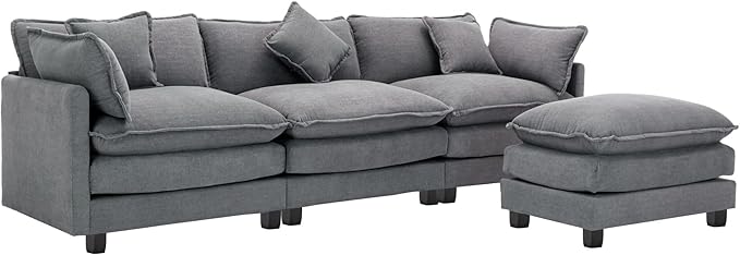 112.2" L-Shape Chenille Upholstered Sofa, Modern Luxury Couch with Movable Ottoman adn 5 Pillows, for Living Room, Apartment, 112.2 Inch, Gray - LeafyLoom