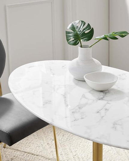 Modway Lippa 48" Oval-Shaped Mid-Century Modern Dining Table with Artificial Marble Top and Gold Base - LeafyLoom
