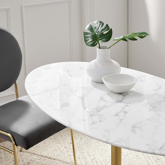 Modway Lippa 48" Oval-Shaped Mid-Century Modern Dining Table with Artificial Marble Top and Gold Base - LeafyLoom