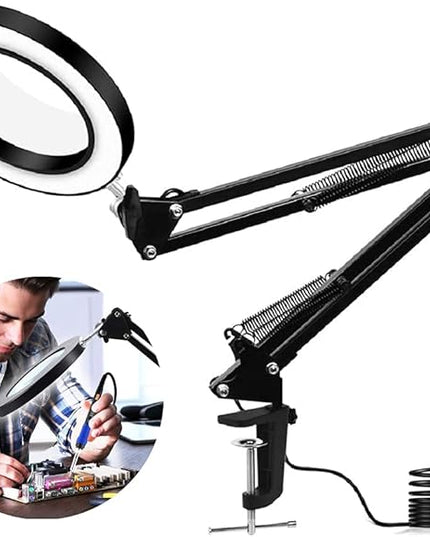 Magnifying Glass with Light and Stand, Stepless Dimming, 3 Color Modes, 10X Magnification, 4.1 Diameter Glass Lens, with Replaceable Weighted Flat Base, C-Clamp Base and Power Adapter - LeafyLoom