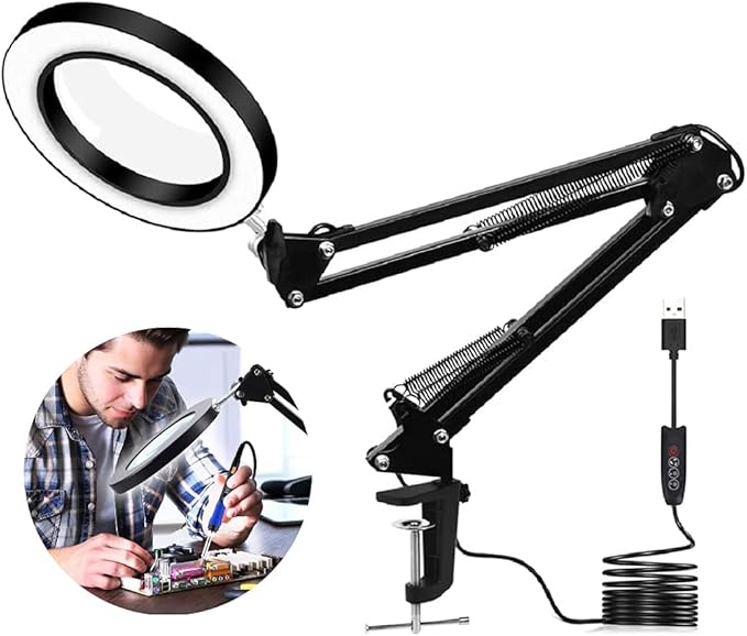 Magnifying Glass with Light and Stand, Stepless Dimming, 3 Color Modes, 10X Magnification, 4.1 Diameter Glass Lens, with Replaceable Weighted Flat Base, C-Clamp Base and Power Adapter - LeafyLoom