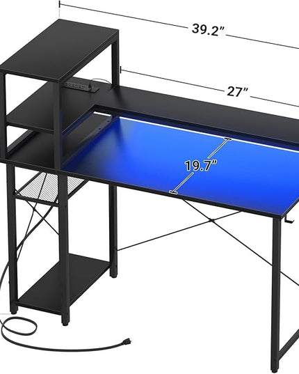 Small Gaming Desk with Storage, 39" Computer Desk with LED Lights, Home Office Desk with Adjustable Shelves & Power Outlets, Gaming Computer Desk with Monitor Stand for Small Spaces, Black - LeafyLoom
