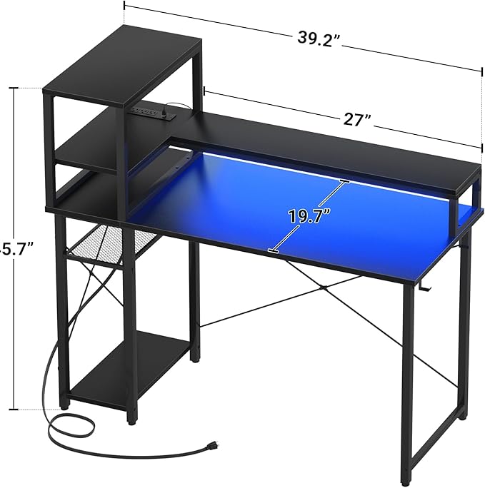 Small Gaming Desk with Storage, 39" Computer Desk with LED Lights, Home Office Desk with Adjustable Shelves & Power Outlets, Gaming Computer Desk with Monitor Stand for Small Spaces, Black - LeafyLoom
