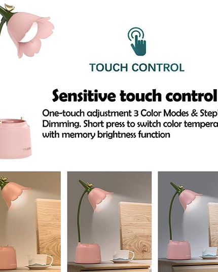 Pink Desk Lamp, Rechargeable LED Lamp with USB Charging Port, Kawaii Desk Accessories, 3 Color Modes & Stepless Dimming, Cute Lamp for College Dorm Bedroom Reading - LeafyLoom