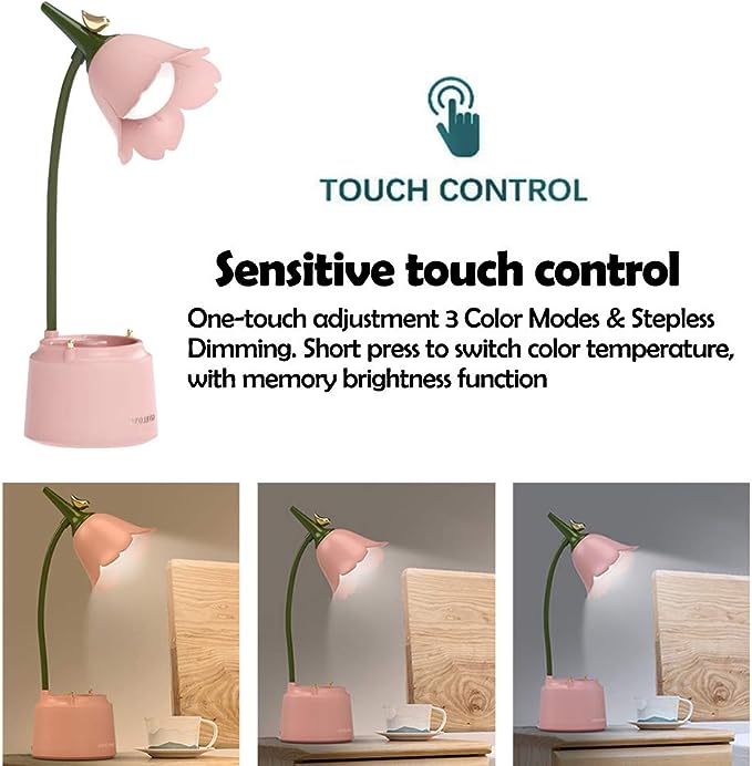 Pink Desk Lamp, Rechargeable LED Lamp with USB Charging Port, Kawaii Desk Accessories, 3 Color Modes & Stepless Dimming, Cute Lamp for College Dorm Bedroom Reading - LeafyLoom