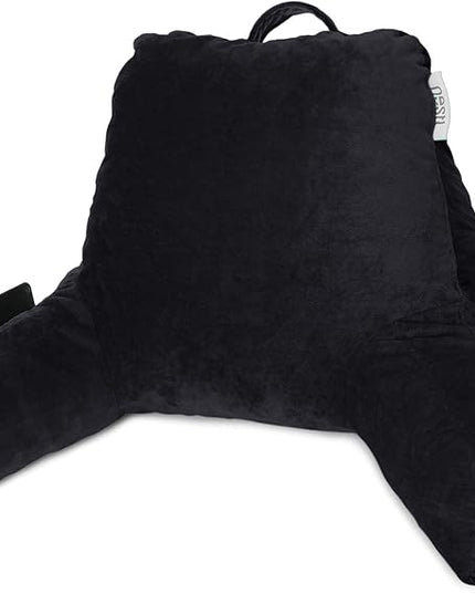 Nestl Reading Pillow with Portable Laptop Lap Desk, Velvet Feel Back Pillow for Sitting in Bed, Shredded Memory Foam Back Support Pillow for Bed, Bed Rest Pillow with Arms, Standard - Black - LeafyLoom