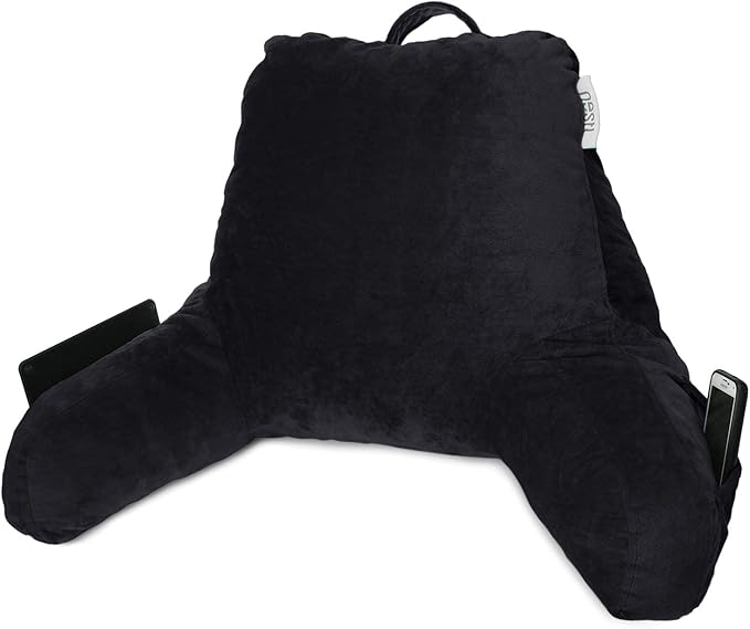 Nestl Reading Pillow with Portable Laptop Lap Desk, Velvet Feel Back Pillow for Sitting in Bed, Shredded Memory Foam Back Support Pillow for Bed, Bed Rest Pillow with Arms, Standard - Black - LeafyLoom
