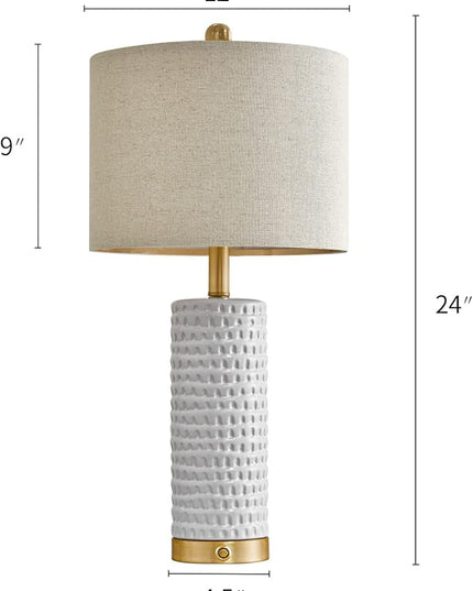 PORTRES 24" Farmhouse 3-Way Dimmable Touch Ceramic Table Lamp Set of 2 for Bedroom White Bedside Lamps with USB A+C Charging Ports for Living room Nightstand Lamp End Table lamps - LeafyLoom