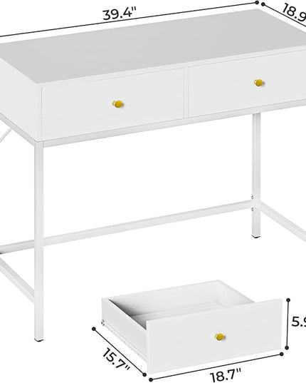 SUPERJARE 35.4" White Desk with 2 Drawers, Modern Makeup Vanity Desk, Small Computer Desk Home Office Desk for Writing Study Bedroom - LeafyLoom
