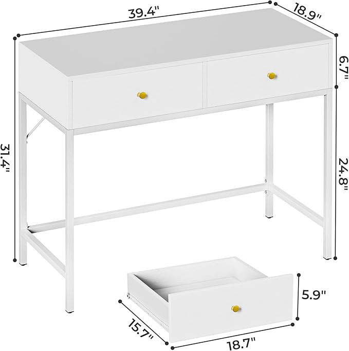 SUPERJARE 35.4" White Desk with 2 Drawers, Modern Makeup Vanity Desk, Small Computer Desk Home Office Desk for Writing Study Bedroom - LeafyLoom