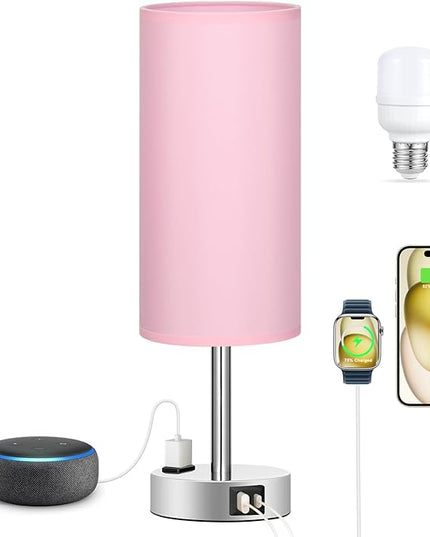 Pink Lamp for Bedroom Nightstand - 3 Way Dimmable Touch Table Lamp USB C Charging Ports, Small Lamp with AC Outlet for Desk Girls Room, LED Bulb Included - LeafyLoom