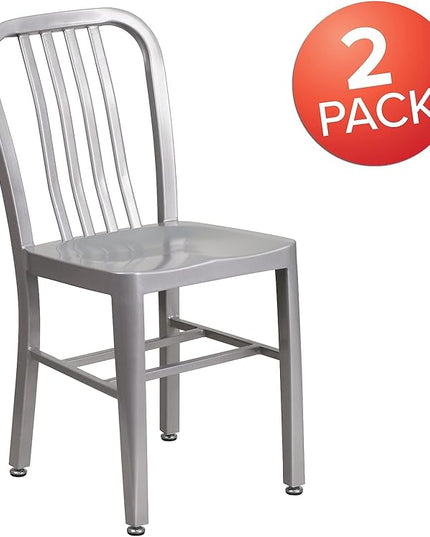Flash Furniture Gael Indoor/Outdoor Modern Metal Dining Chairs, Commercial-Grade Galvanized Steel Restaurant Chairs, Set of 2, Silver - LeafyLoom