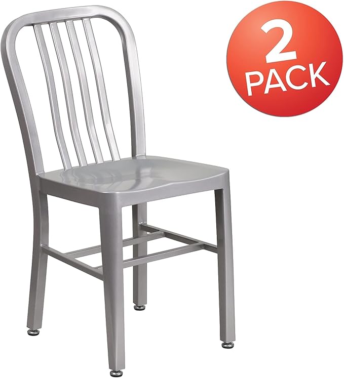 Flash Furniture Gael Indoor/Outdoor Modern Metal Dining Chairs, Commercial-Grade Galvanized Steel Restaurant Chairs, Set of 2, Silver - LeafyLoom