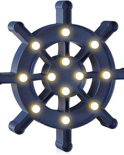 Blue Ship Wheel Wall Decor, Beach Themed Kids Room Decor, Battery Powered Rudder Night Light for Kids, Coastal Wall Decor, Ocean Decor, Coastal Decor - LeafyLoom