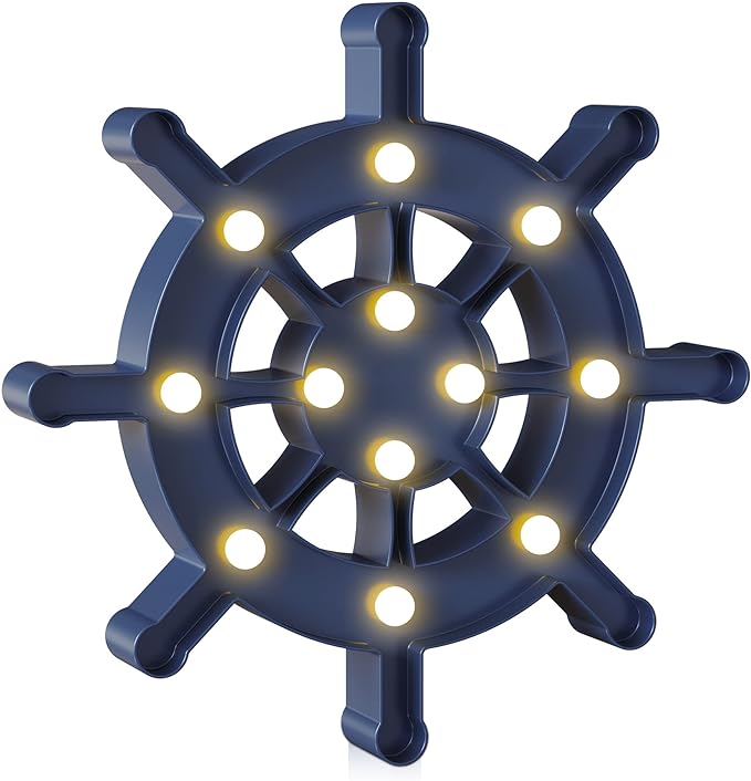 Blue Ship Wheel Wall Decor, Beach Themed Kids Room Decor, Battery Powered Rudder Night Light for Kids, Coastal Wall Decor, Ocean Decor, Coastal Decor - LeafyLoom