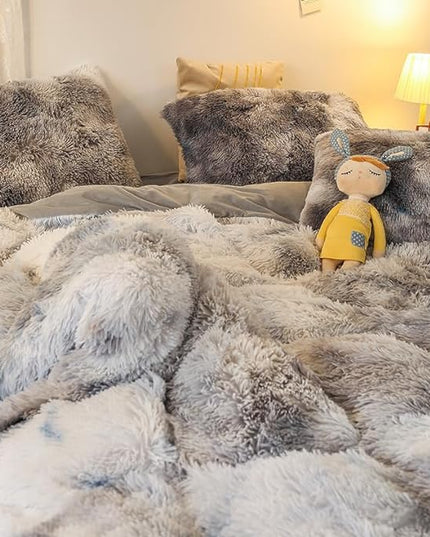 Faux Fur Kids Girls TD Black Comforter Sets King - 3PC Bed Set Warm Comfortable Soft Plush Flannel Velvet Fluffy Fuzzy Bedding（Comforter x 1 Pillowcases x 2） - LeafyLoom
