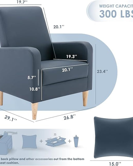 COLAMY Modern Upholstered Accent Chair Armchair with Pillow, PU Leather Reading Living Room Side Chair,Single Sofa with Wood Legs, L-Blue - LeafyLoom