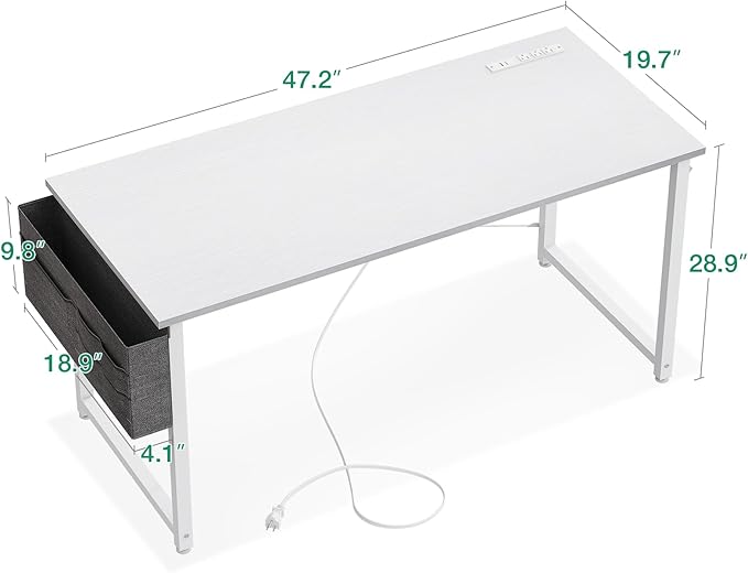 AODK 48 inch Small Computer Desk with Power Outlet for Small Spaces Home Office Student Laptop PC Writing Desks with Storage Bag Headphone Hook, White - LeafyLoom