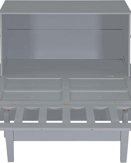 Murphy Bed Full Size with USB Port and Removable Shelves on Each Side, Wooden Platform Bedframe Foldable into Wall Cabinet, Space Saving, for Bedroom Guest Room Office, Gray - LeafyLoom
