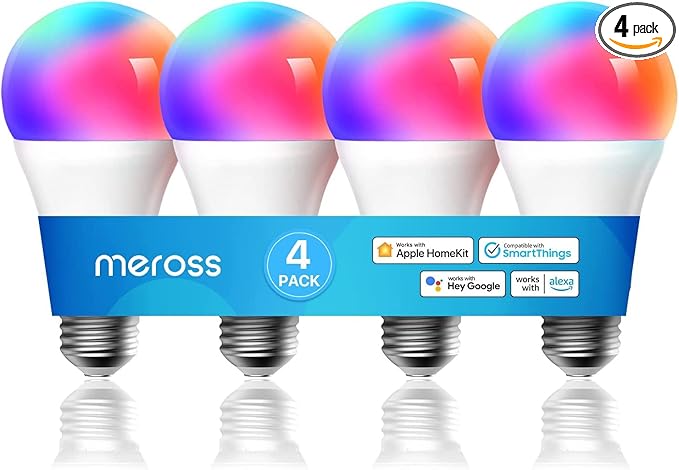 meross Smart RGBWW WiFi LED Bulbs, Apple HomeKit Compatible, 60W Equivalent, 900 Lumens, Multicolor, 4 Pack meross
