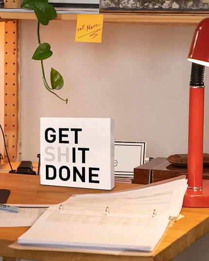 Home Office Desk Wooden Box Sign Decor, Get It Done, Inspirational Quotes Desk Decor Motivational Desk Decorations for Women Men Office - LeafyLoom