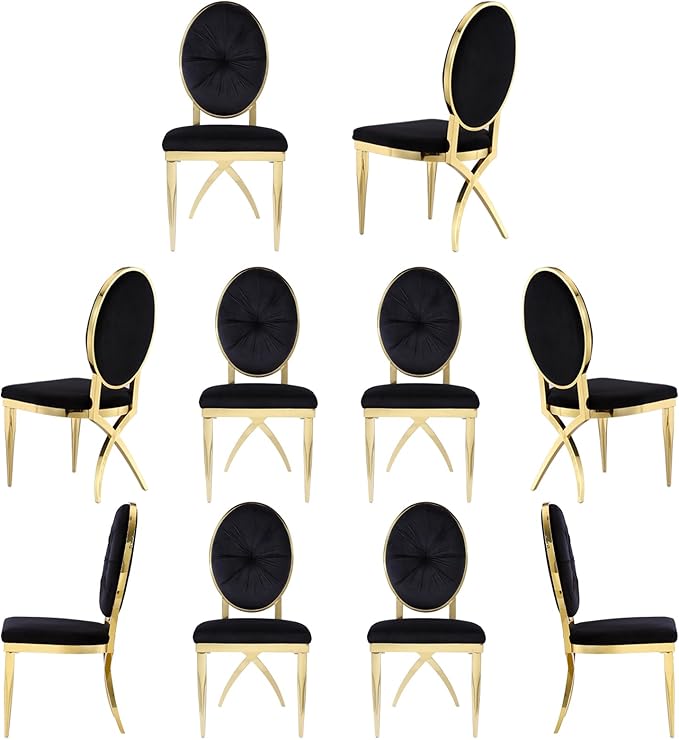 ACEDÉCOR Black and Gold Dining Chairs, Velvet Upholstered Dining Room Chair with Oval Back & Gold Unique Legs, Mid-Century Modern Armless Chair Set of 10 - LeafyLoom