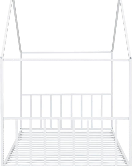 Twin Size Kids Montessori Floor Bed,House Bed Frame with High Headboard,Twin Floor Bed with Roof for Boys Girls,Floor Bed Metal Frame (White) - LeafyLoom