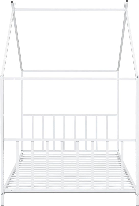 Twin Size Kids Montessori Floor Bed,House Bed Frame with High Headboard,Twin Floor Bed with Roof for Boys Girls,Floor Bed Metal Frame (White) - LeafyLoom