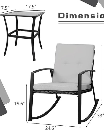 Shintenchi Outdoor 3 Piece Rocking Bistro Set, Wicker Patio Outdoor Furniture Porch Chairs Conversation Sets with Glass-Top Coffee Table for Backyard Porch Poolside Lawn, Garden,Gray - LeafyLoom